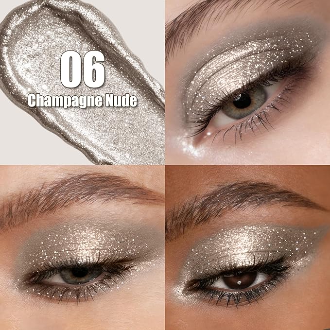 QIC Liquid Glitter Eyeshadow, Metallic & Shimmer Finish, Long Lasting, Non-Creasing, Smudge-proof, Lightweight Formula Liquid Eyeshadow for All Skin Tones, Buildable Color (06 Champagne Gold)