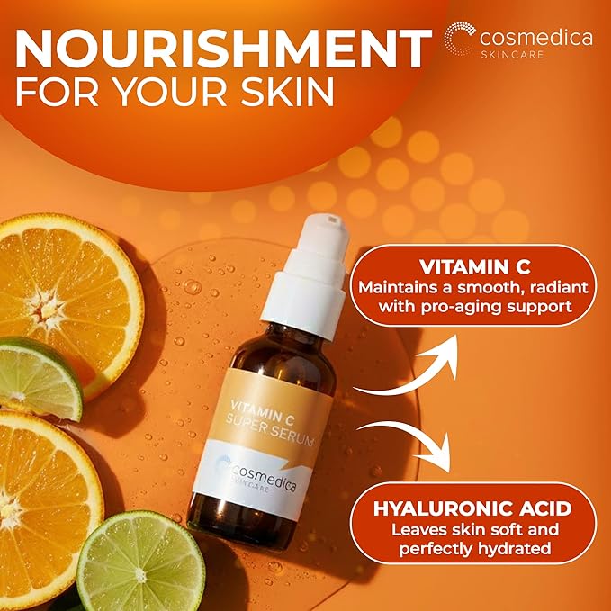 Cosmedica Vitamin C Serum for Face with Hyaluronic Acid & Vitamin E – Brightening Anti-Aging Serum for Dark Spots, Fine Lines & Wrinkles, Lightweight Collagen Booster, 1 fl oz