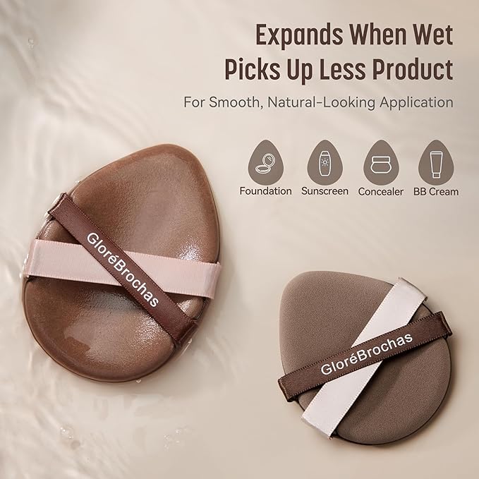 Makeup Sponge Set, GloréBrochas 2PCS Micro Porous Low Absorption Foundation Sponges, Latex-Free PU Makeup Puff, 3.2inches Soft Dual-Sided Powder Puff for Face Powder, Brown
