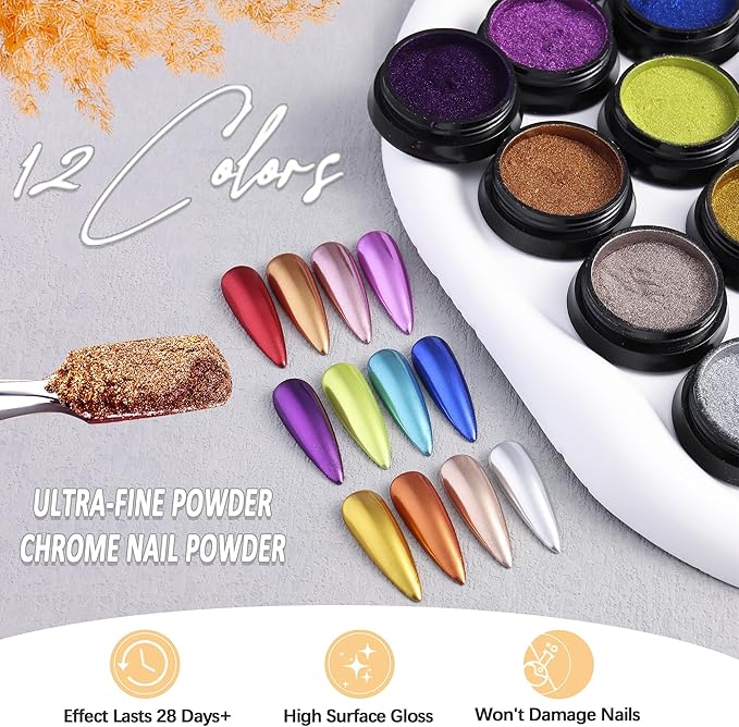Chrome Nail Powder 12 Colors Metallic Chrome Powder for Nails Mirror Effect Neon Red Green Blue Purple Chrome Powder Set Extra Fine Glitter Rub Pigment Y2K Nail Design Manicure Supplies
