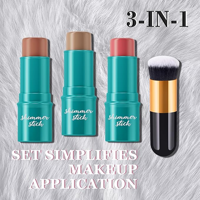 3Pcs Cream Contour Stick Makeup Kit with Makeup Brush,Shades with Highlighter,Brush Stick,Cream Bronzer for Sculpt the Cheeks,Long-lasting Waterproof Lightweight Contour Set B