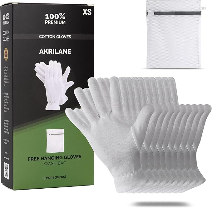 XS Extra Small 5 Pairs 100% Premium Cotton Gloves for Dry Hands | Moisturizing Overnight Gloves for Eczema, Psoriasis & Skin Spa Treatment for Women & Men | Washable & Reusable with Free Laundry Bag