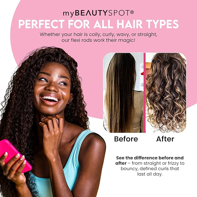 My Beauty Spot Flexi Rods Foam Hair Rollers 18 Flexi Rods 1/2", 3/4", 5/8", and 1" Diameter Professional Salon Quality 18 Pcs Rubber Hair Rollers for Short, Long, and Medium Hair