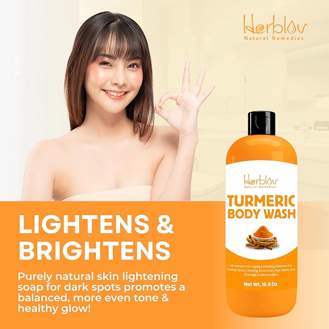 Herblov Turmeric Body Wash – Skin Brightening Liquid Soap for Discoloration – Natural Anti Aging Exfoliating Turmeric Body Wash for Spots, Acne, Sun Damage – Bath Soap Skincare
