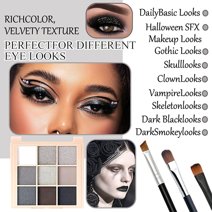Black Grey Smoky Eyeshadow Palette,15 Colors Matte Shimmer Pigmented Eye Shadow Makeup Palette Set with 3 Eyeshadow Brushes,Glitter Eye Shadow Palette for Daily Halloween Goth Makeup(F)