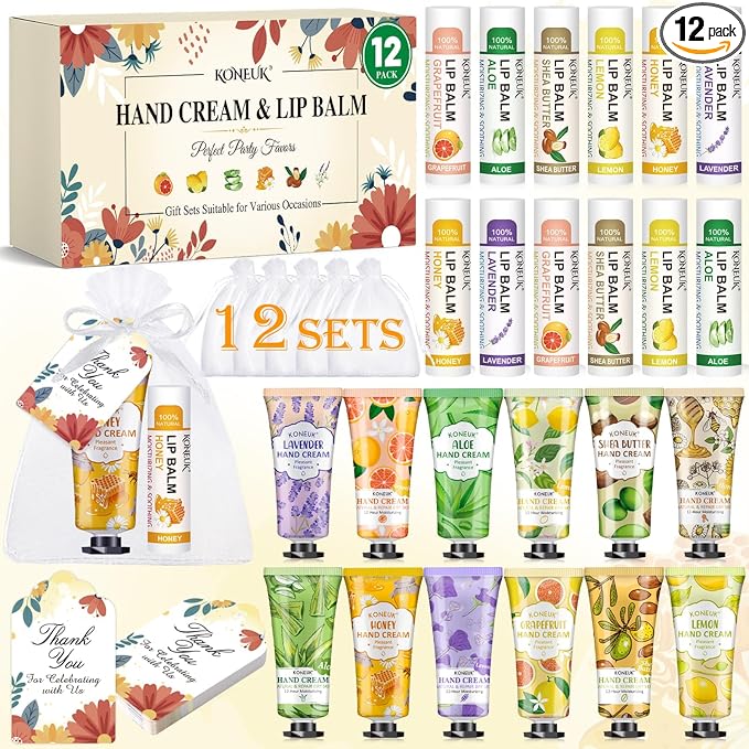 KONEUK 12 Pack Bulk Hand Cream and Lip Balm Set for Women, Mothers Day Gifts, Teacher Appreciation Gifts, Nurse Gifts, Bridal Shower Favors, Wedding Shower Favors and Bulk Gifts for Guests