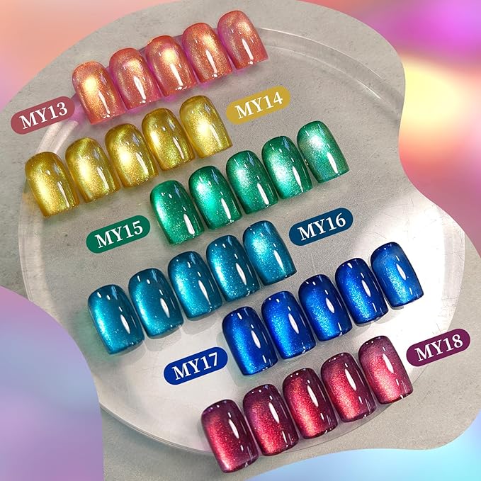 Born Pretty Cat Magnetic Eye Gel Nail Polish 6 Colors Neon Shimmer Blue Green Pink Holographic Magnetic Gel Polish,Spring Summer Aurora Rainbow Glitter, Soak Off UV LED Gels for Manicure DIY at Home