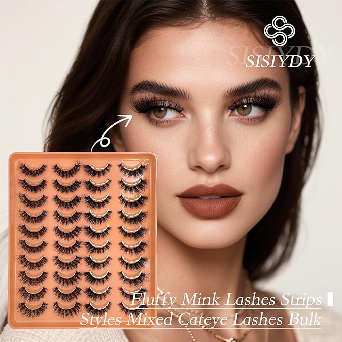 Fluffy Lashes Wispy Mink False Eyelashes Cat Eye Look Faux Mink Full Lashes Strips Dramatic 18mm D Curl Fox Eyelashes Multipack Pack 2 Styles Mixed YH307
