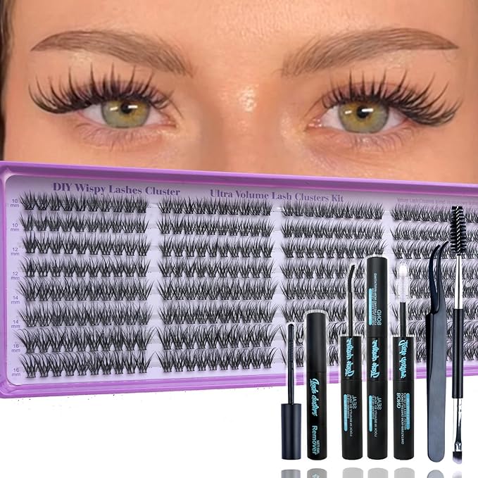 Wispy Lash Clusters Kit, Natural Lash Cluster Eyelash Extensions 320 Pcs C Curl 10-16mm Individual Fluffy False Eyelashes Thin Band DIY Kit for Beginners at Home with Bond Seal Remover Tweezers Brush