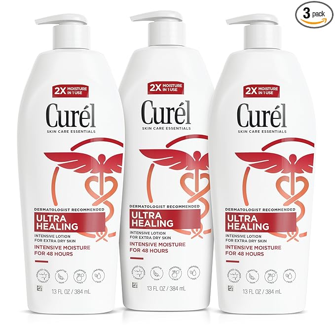 Curel Ultra Healing Intensive Fragrance-Free Lotion For Extra-Dry Skin, Dermatologist Recommended, Ideal for Sensitive Skin, Cruelty Free, Paraben Free, 13 Oz, Pack of 3