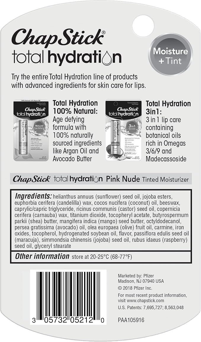 ChapStick Total Hydration Moisture + Tint Pink Nude Tinted Lip Balm Tube, Tinted Moisturizer - 0.12 Oz