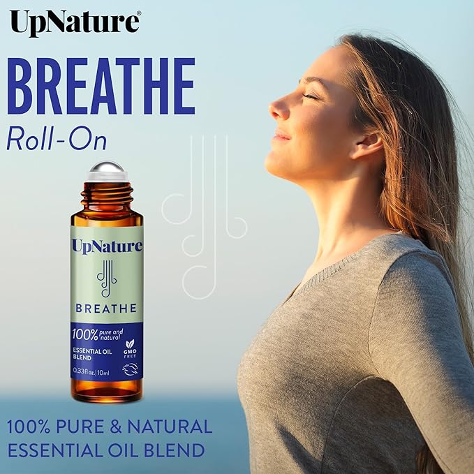 UpNature Breathe Essential Oil Roll On Blend – Natural Breathing Support - Premium Quality Essential Oils for Skin - Pure Blend of Peppermint, Tea Tree & Eucalyptus Oil