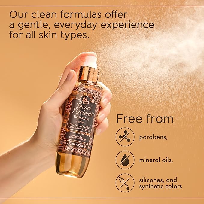 Tesori d’Oriente Hammam Hair & Body Mist for Women & Men, 6.7 fl oz, Warm Floral Citrus Scent with Orange Blossom & Argan Extract, Refreshing, Layerable Fragrance for Skin & Hair