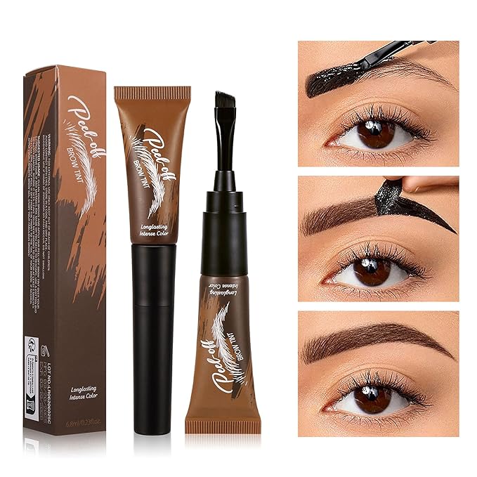 Peel Off Eyebrow Gel, Temporary Eyebrow Tint with 150°Small Curved Tray, Sweatproof & Waterproof Brow Gel Natural Eye Makeup for Women Create Fuller & Defined Brows Makeup(#02 Black Brown)