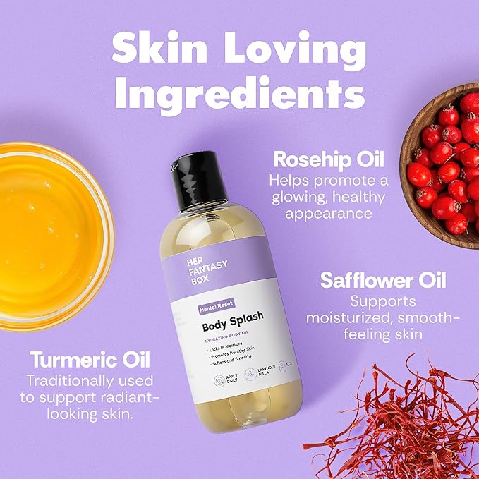Her Fantasy Box | Body Splash Mental Reset Fragrance Oil – Lavender, Chamomile & Warm Vanilla Scent with Soft Amber & Musk, Lightweight Hydrating Body Oil, Vegan & Cruelty Free