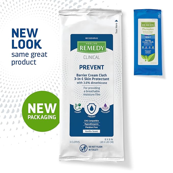 Medline Remedy Clinical 3-in-1 Barrier Cream Cloth, 3 count (45 Packs), 8 x 8 in Adult Wet Wipes, Vanilla Scent, Incontinent Care, Dimethicone, Irritated Skin, Soothing, Nourishing, Gentle