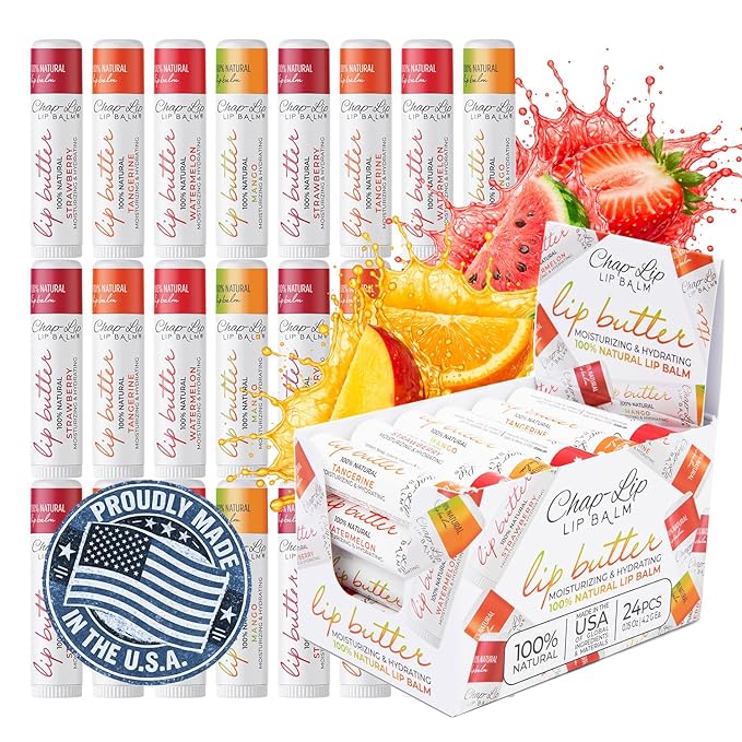 CHAP-LIP 100% All Natural Lip Balm Hydrating Bulk Chap Stick with Fruit Flavors, Coconut Oil, Cocoa Butter - Christmas Gift Stocking Stuffers Lip Therapy Pack for Men and Women - Made in USA, 24 Pack