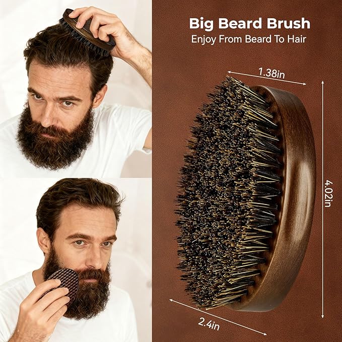 Bituemly Beard Brush for Men, Travel Pocket Mustache Brushes Grooming Kit with Natural Boar Bristle and Sapele Wood, Folding Scissors & Pouch, Facial Hair Brush Detangles & Shine, Stocking Stuffers
