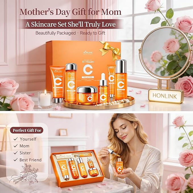 6-Piece Hydrating Skincare Set with Vitamin C & Niacinamide, Face Care Kit Includes Toner, Serum, Cleanser, Moisturizer, Eye Cream & Body Lotion | Mother’s Day Gift for Women