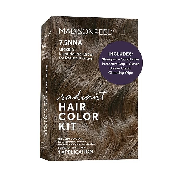 Madison Reed Radiant Hair Color Kit - 7.5NNA Light Neutral Brown (Umbria Brown), 100% Gray Hair Coverage Permanent Hair Dye for Resistant Grays | PPD-Free & Ammonia-Free, 1 Pack