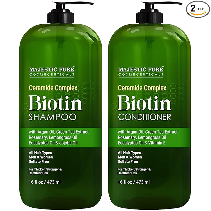 MAJESTIC PURE Biotin Shampoo and Conditioner Set - With Essential Oils & Ceramides - Helps Hair Growth, Thickening, Dry & Colored Hair - Sulfate Free - For All Hair Types - Men & Women - 16 fl oz each