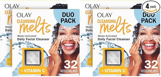Olay Face Wash, Vitamin C Cleansing Melts, Daily Use Gentle Cleanser, For All Skin Types, Travel Size, Soft Citrus Scent, Water-Activated to Clean, Tone, and Refresh, 64ct (x 32ct), (Pack of 4)
