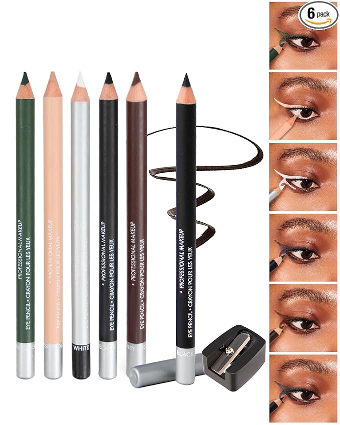6 Colors Eyeliner Gel Pencil Set, Waterproof Smudge proof Long Lasting Rich Color, Nude Black Brown White Blue Green Eye Liner Pencil Waterline, Multi-Use Cream Eyeliner Brightener Pen with Sharpener