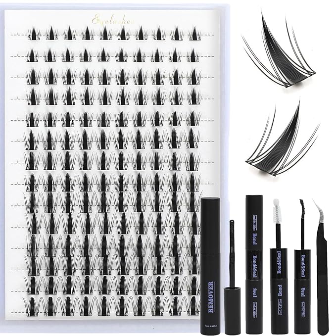 Lash Clusters Kit: Eyelash Clusters Individual Lash Extension Kit 480 Pcs D Curl Fluffy Wispy False Eyelashes Extensions Thin Band with Bond Seal Tweezers Brush (40D+50D-SMY11&Kit, Lash clusters)