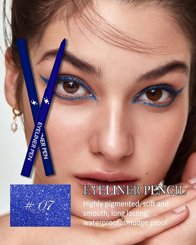 Glitter Blue Eyeliner Pencil, Glitter Gel Eyeliner Pencils, Waterproof Smudge Proof Long-Lasting Metallic Waterline Eye Liner, Precision Retractable Shine Pen for Mature Women Girls Eye Makeup- #07