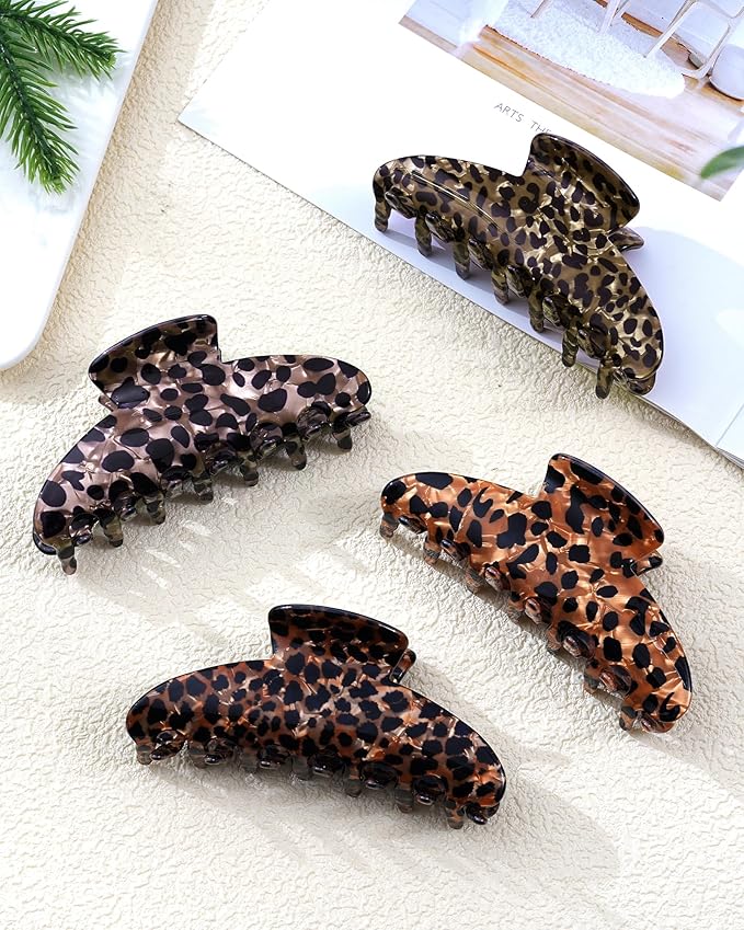 Mesovor 4 Pack Acrylic Hair Clips Claws, Nonslip 3.94" Large Hair Grip Hairclips for Thin and Thick | French Banana Barrettes Hair Strong Hold Hair Jaw Clamps (Small Leopard)