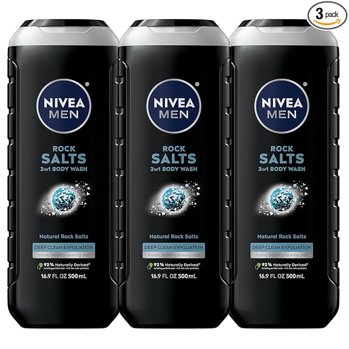 NIVEA MEN Deep Clean Rock Salts Body Wash with Scrub Particles and Natural Rock Salt, Exfoliating Body Wash for Men, Cleanses Without Drying Skin, 16.9 Fl Oz Bottle, Pack of 3