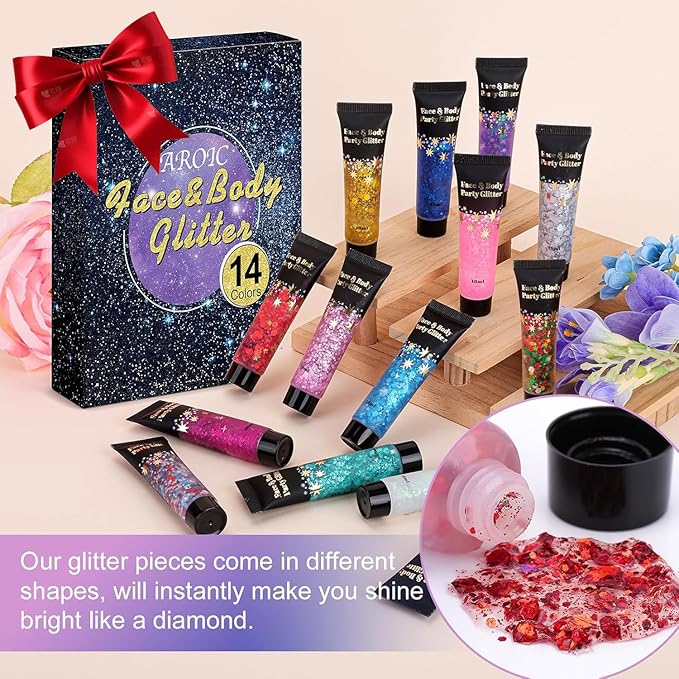 AROIC 14 Colors Body Glitter, Face & Hair Glitter Gel Set for Festival, Eye Shimmer for Women Glow in the Dark Rave Accessories Party Supplies, Face Paint Hair/Cheek/Eyelid Sparkle Makeup-18ml/Tube
