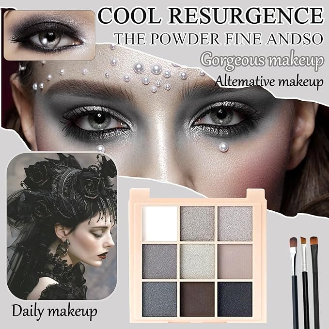 Black Grey Smoky Eyeshadow Palette,15 Colors Matte Shimmer Pigmented Eye Shadow Makeup Palette Set with 3 Eyeshadow Brushes,Glitter Eye Shadow Palette for Daily Halloween Goth Makeup(F)