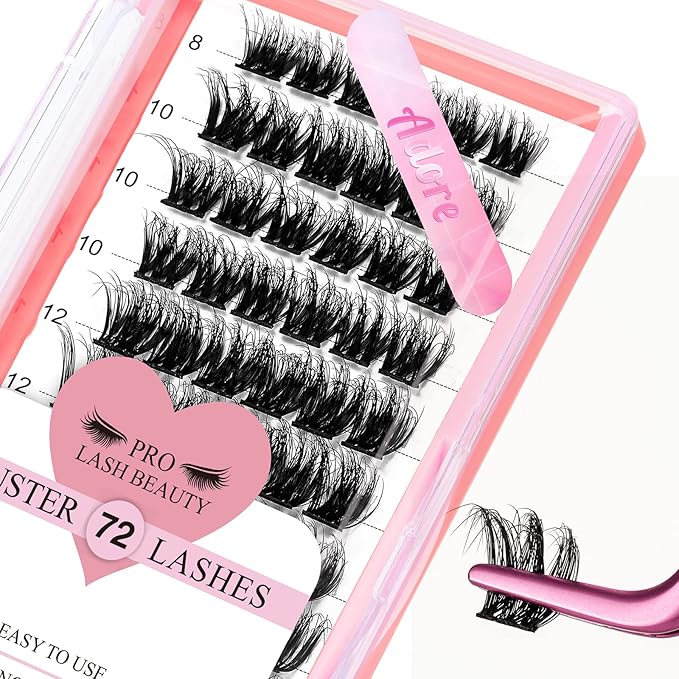 72 Pcs Individual Cluster Lashes 3D Effect DIY Lash Extension 8-16mm Eyelash Clusters Volume Wispy Lashes Super Thin Band Reusable Soft & Comfortable(Adore-3D Fluffy,D-8-16mix)