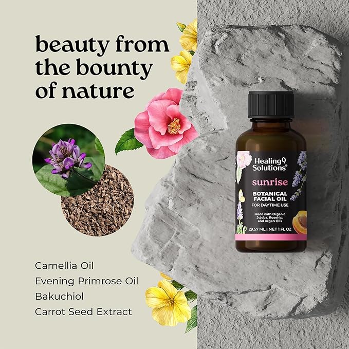 Healing Solutions – Sunrise Face Oil, All Natural and Certified Organic with Bakuchiol, Camellia, and Carrot Seed Extract, 1oz, Daytime Facial Moisturizer, Supports Visibly Renewed Skin
