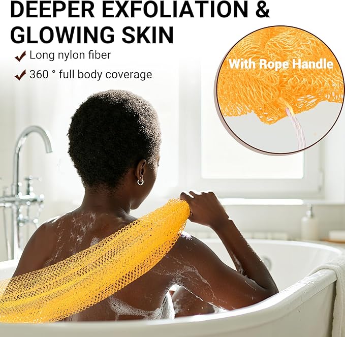 African Net Sponge Authentic for Exfoliating - Extra Knots for Deep Cleansing & Back Scrubbing - Body Scrubber Washcloth for Women & Men - Daily Shower Exfoliator for Smooth, Glowing Skin(Yellow)