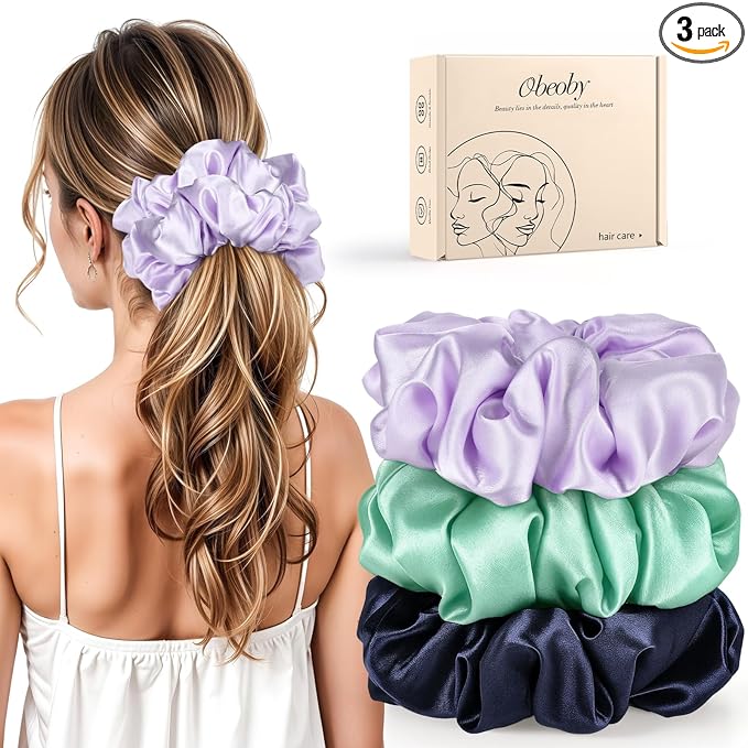 3Pcs Satin Hair Scrunchies, Large Sleepy Hair Tie for Thick Curls Ponytail Holders Purple Scrunchie Mothers Day Gifts