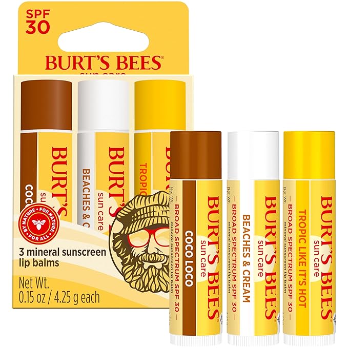 Burt’s Bees SPF 30 Lip Balm, Island Getaway - Coco Loco, Beaches & Cream, Tropic Like It's Hot, Water-Resistant Sun Care, Natural Origin Lip Treatment, 3 Tubes, 0.15 oz (Pack of 12)
