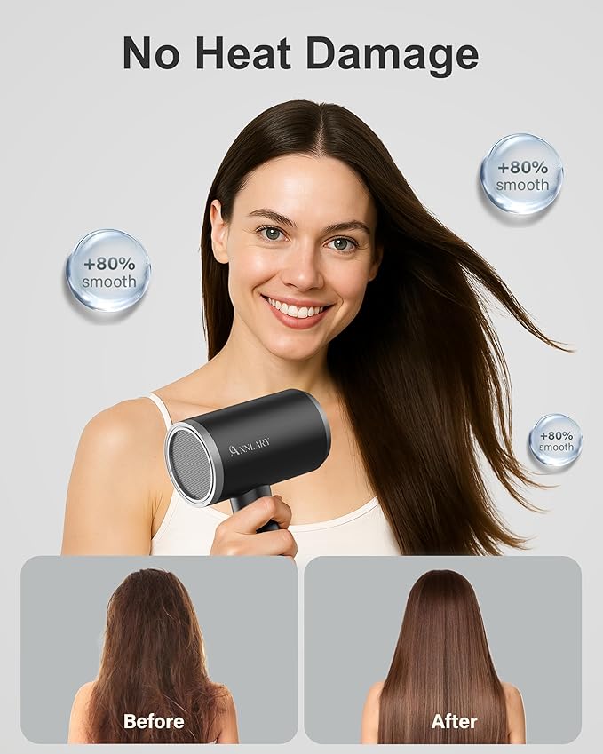 ANNLARY Hair Dryer with Comb | 1800W Blow Dryer with Diffuser for Curly Hair | Plasma Ionic Hairdryer for Frizz Control | Foldable & Protable Design for Travel | 6.5 ft ALCI Cord