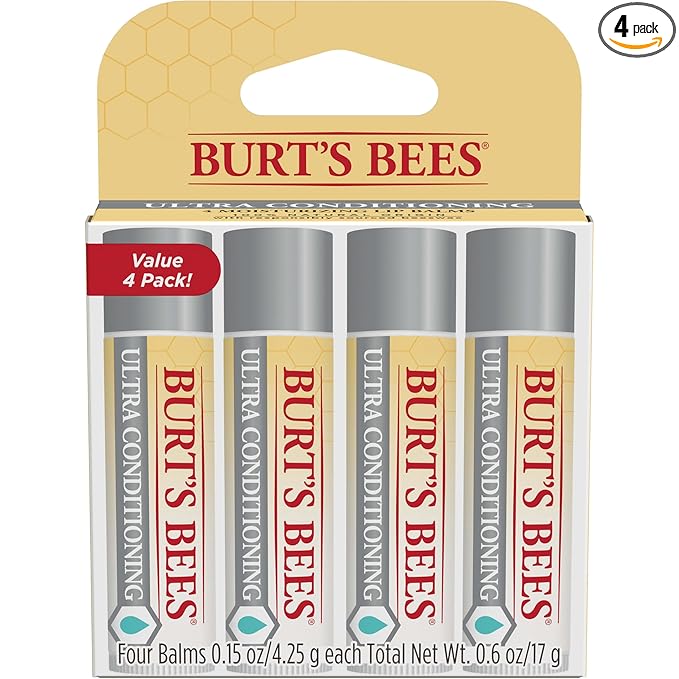 Burt's Bees Lip Balm, Moisturizing Lip Care, 100% Natural Origin, Ultra Conditioning with Shea, Cocoa & Kokum Butter (4 Pack)
