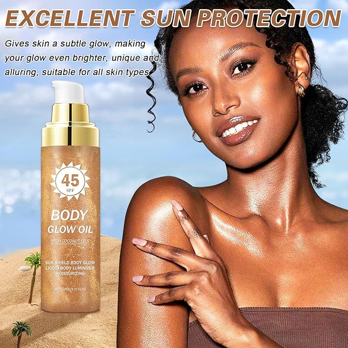 Glitter Sunscreen Oil with Coconut,SPF 45 Broad Spectrum,Body Shimmer Oil with Gold Mica,Lightweight Non-Sticky,Water Resistant,Glowing Results,3.72 fl oz,AMBER