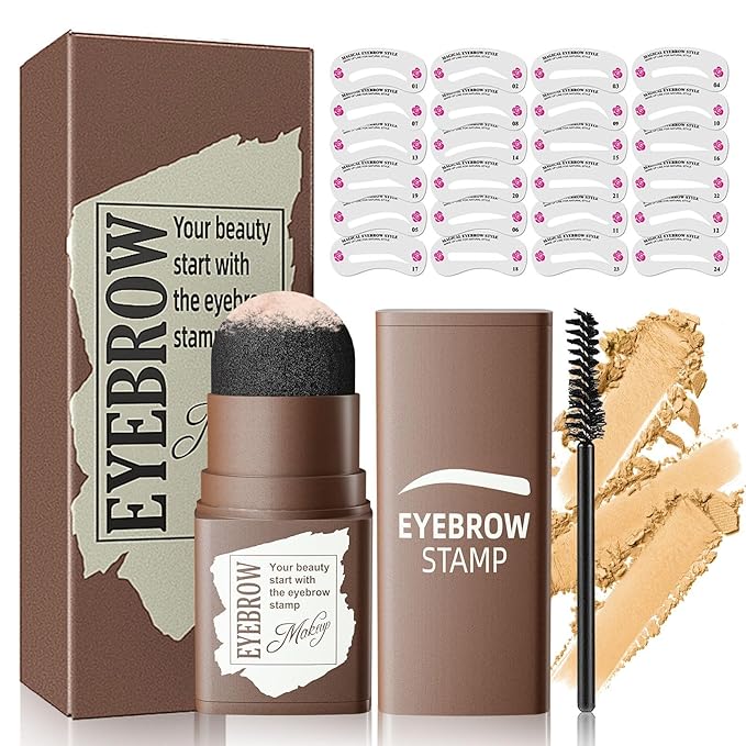Eyebrow Stamp Stencil Kit - Eyebrow Powder and Eyebrow Stencils for Shaping with Eyebrow Brush, Long-Lasting Waterproof Brow Shaping Kit with 24 Reusable Thin & Thick Eyebrow Stencils (Blonde)