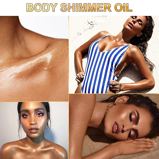 Shimmer Oil 100ml, Moisturizing Long Lasting Body Luminizer Face Brighten, Waterproof Liquid Illuminator Glow, Glitter Oil Highlighter Summer Glowing Makeup (#03 Bronze Gold)