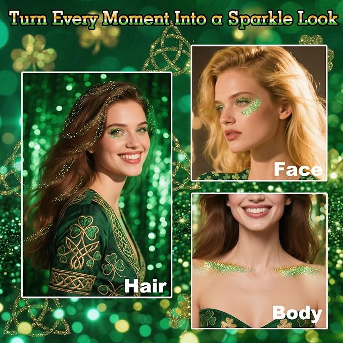 MEICOLY Green Face Body Glitter,St Patricks Day Chunky Hair Glitter for Women Kids,Self-Adhesive Holographic Green Accessories Irish Parade Makeup,Spirit Day Wear,Alien Costume,Festival Rave Outfits
