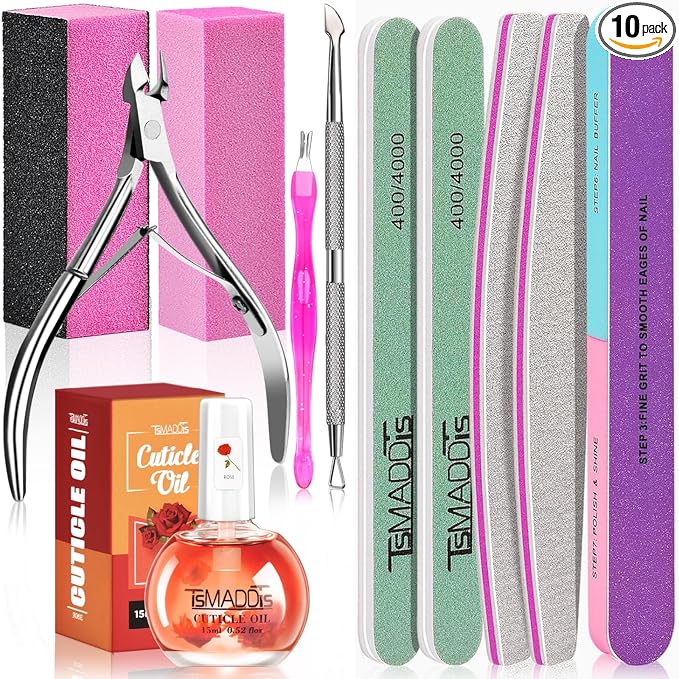 TsMADDTs Manicure Tools Kit Nail Care Kit with 3 pcs Files, 2 pcs Buffer Blocks, 2 Polishing Buffers, Cuticle Nipper, Pusher and Cuticle Oil