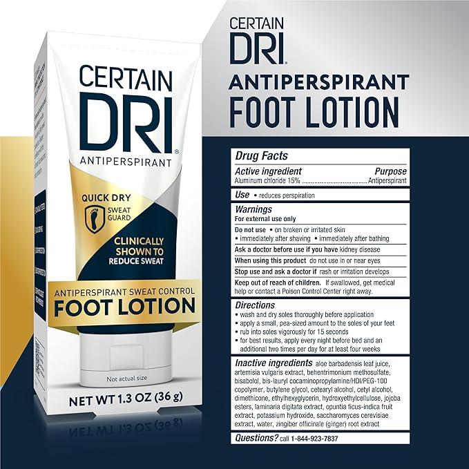 Certain Dri Antiperspirant Foot Lotion, 24-Hour Sweat & Odor Protection, Quick-Drying & Non-Sticky Formula, Dermatologist-Tested, Doctor-Recommended, 1.3 oz