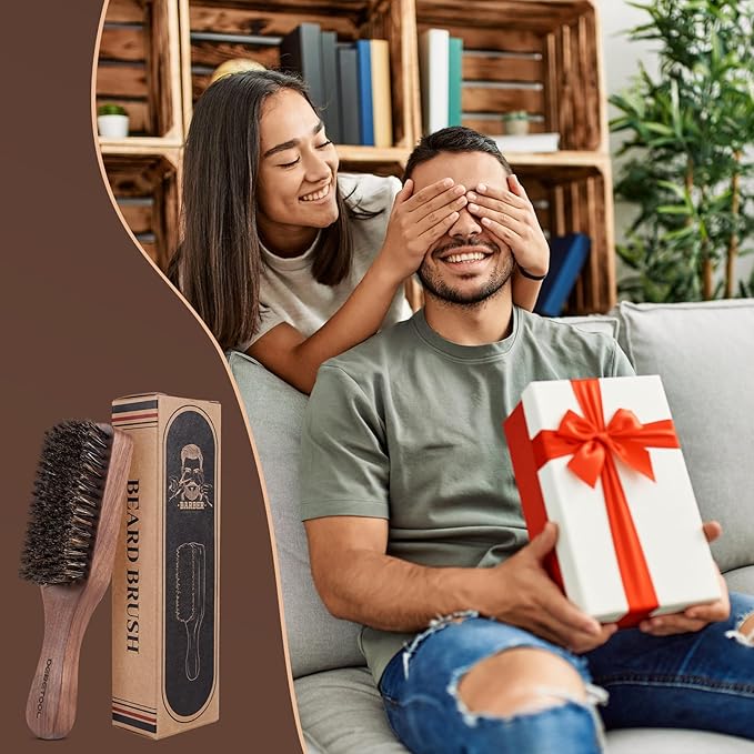 DEBETOOL Natural Walnut Wood Mens Hair Brush - Stiff Boar Bristle Men's Hair Brush for Thin Hair Detangling, Beard Straightens