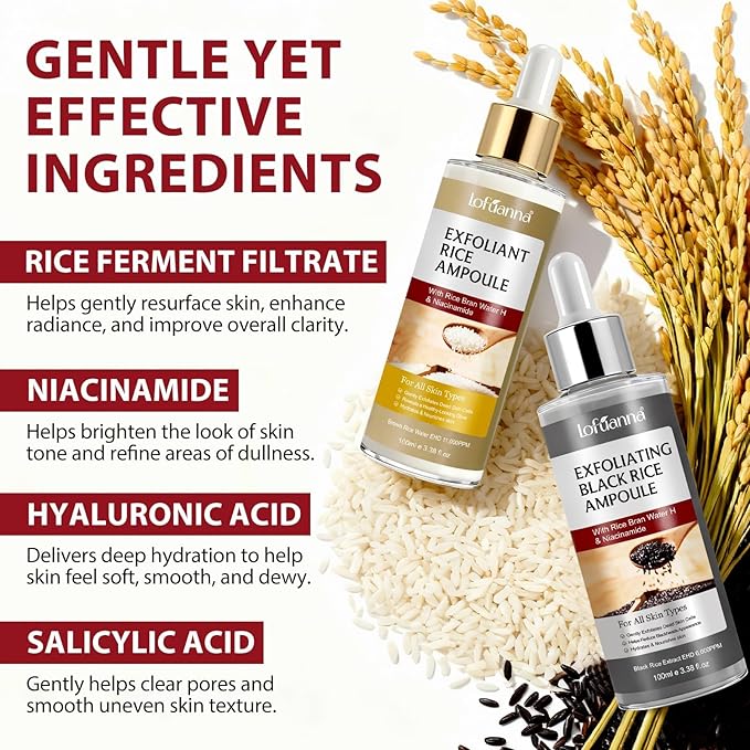 Black Rice Exfoliant and White Rice Ampoule Exfoliant, Peel Shot Glow Exfoliating Face Serum, Korean Skin Care Soft Exfoliating Body Scrub Dead Skin Cells, Blackheads Remover For All Skin Types 100ml