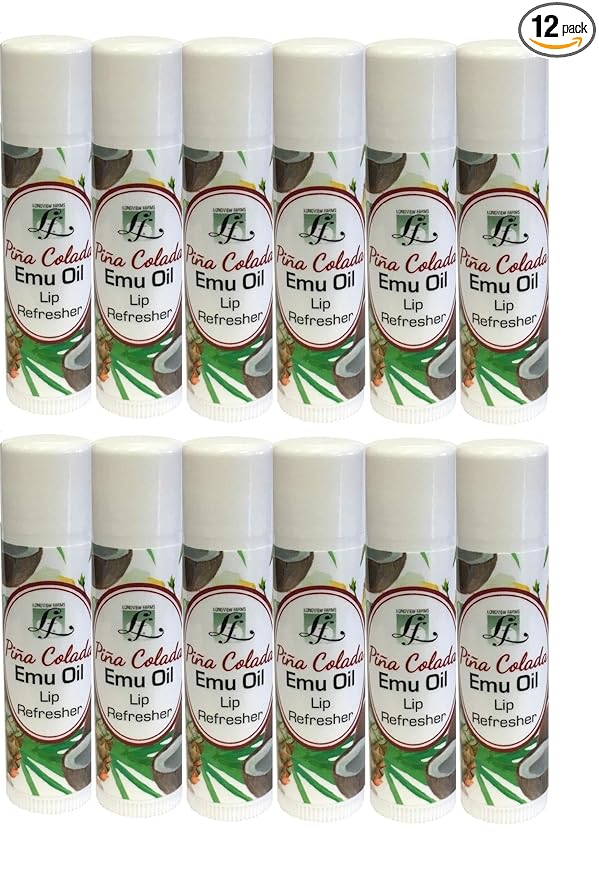 Longview Farms® Emu Oil Lip Refresher – Natural oil Lip Balm, Hydrating Lip Repair & Healing Balm for Very Dry Lips, Chapstick - Pina Colada (12 Pack)