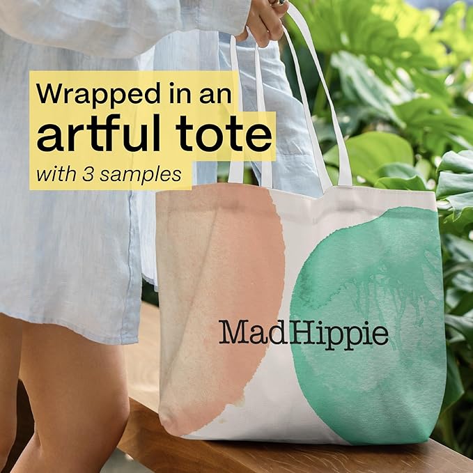 Mad Hippie Vitamin C Serum, Daily Protective SPF Serum + 3 Assorted Pillow Packs – “Springtime Essentials” Wrapped in Watercolor Dots Canvas Tote Bag
